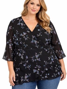 Penningtons Blouse Womens Size 28 Multicolor Floral Embroidered Boho Feminine